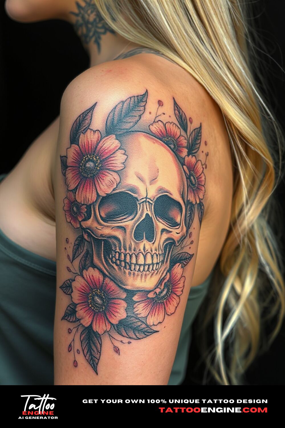 Skull tattoo surrounded with flowers, on upper arm of a blonde woman, side view, high quality, detailed