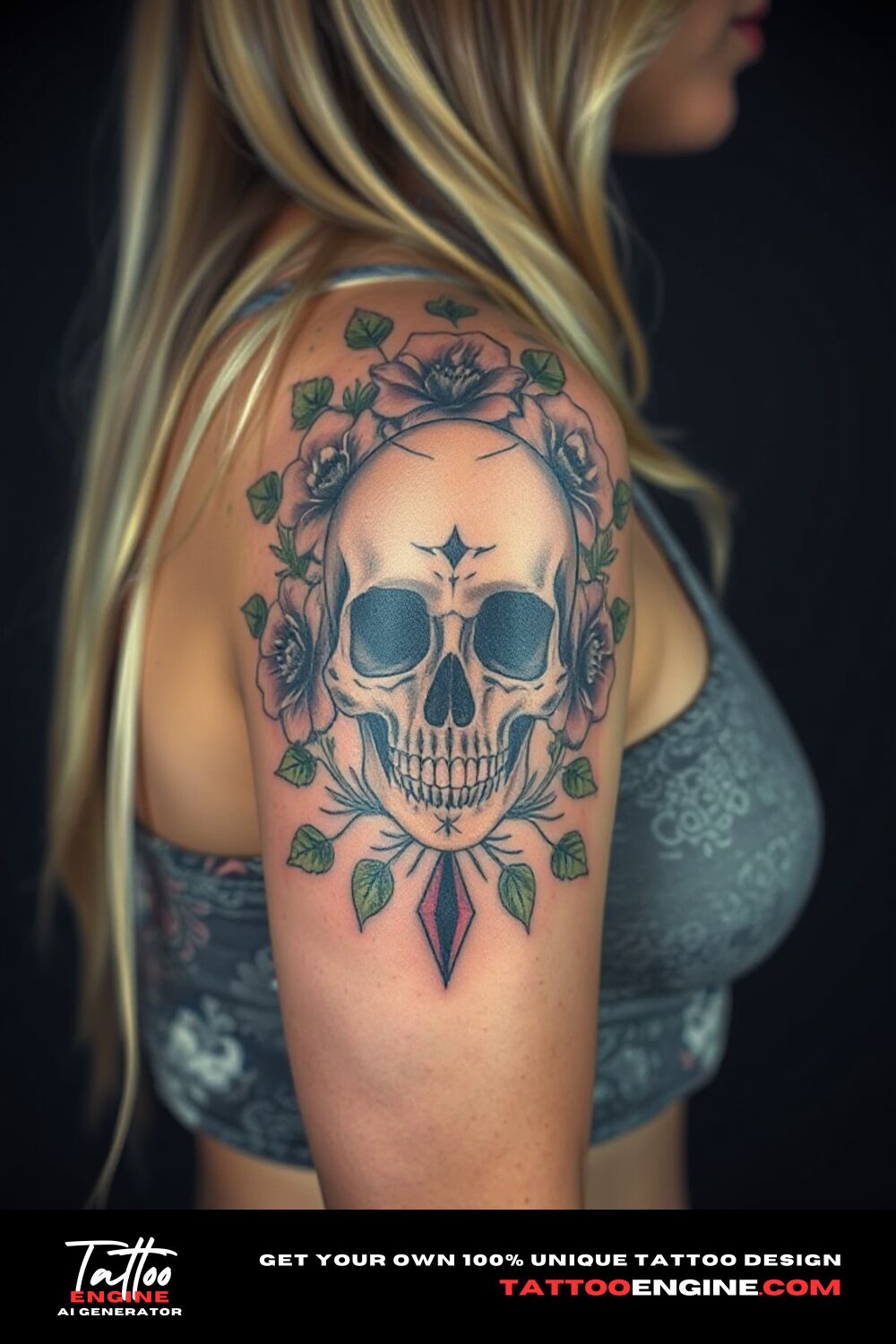 Skull tattoo surrounded with flowers, on upper arm of a blonde woman, side view, high quality, detailed