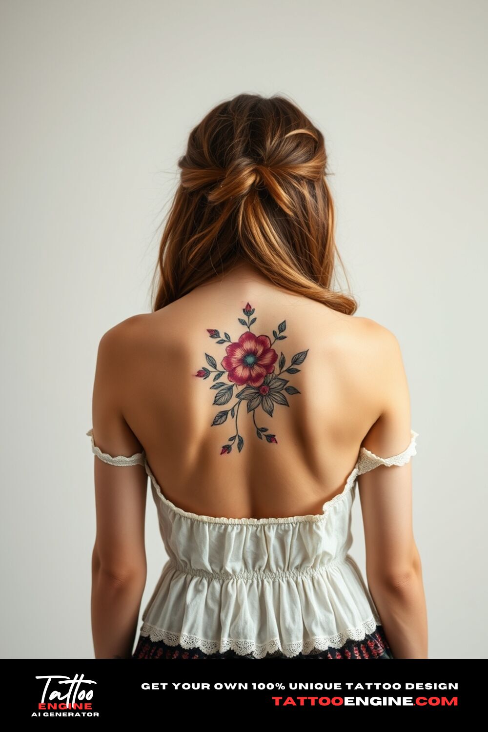 Small bohemian floral tattoo, on back of a woman with a bohemian dress, back view, high quality, detailed