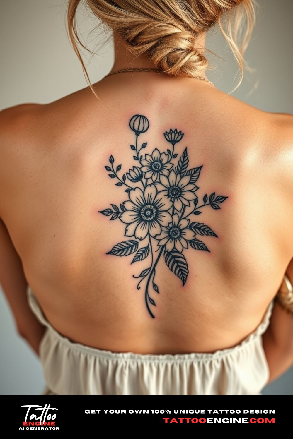 Small bohemian floral tattoo, on back of a woman with a bohemian dress, back view, high quality, detailed