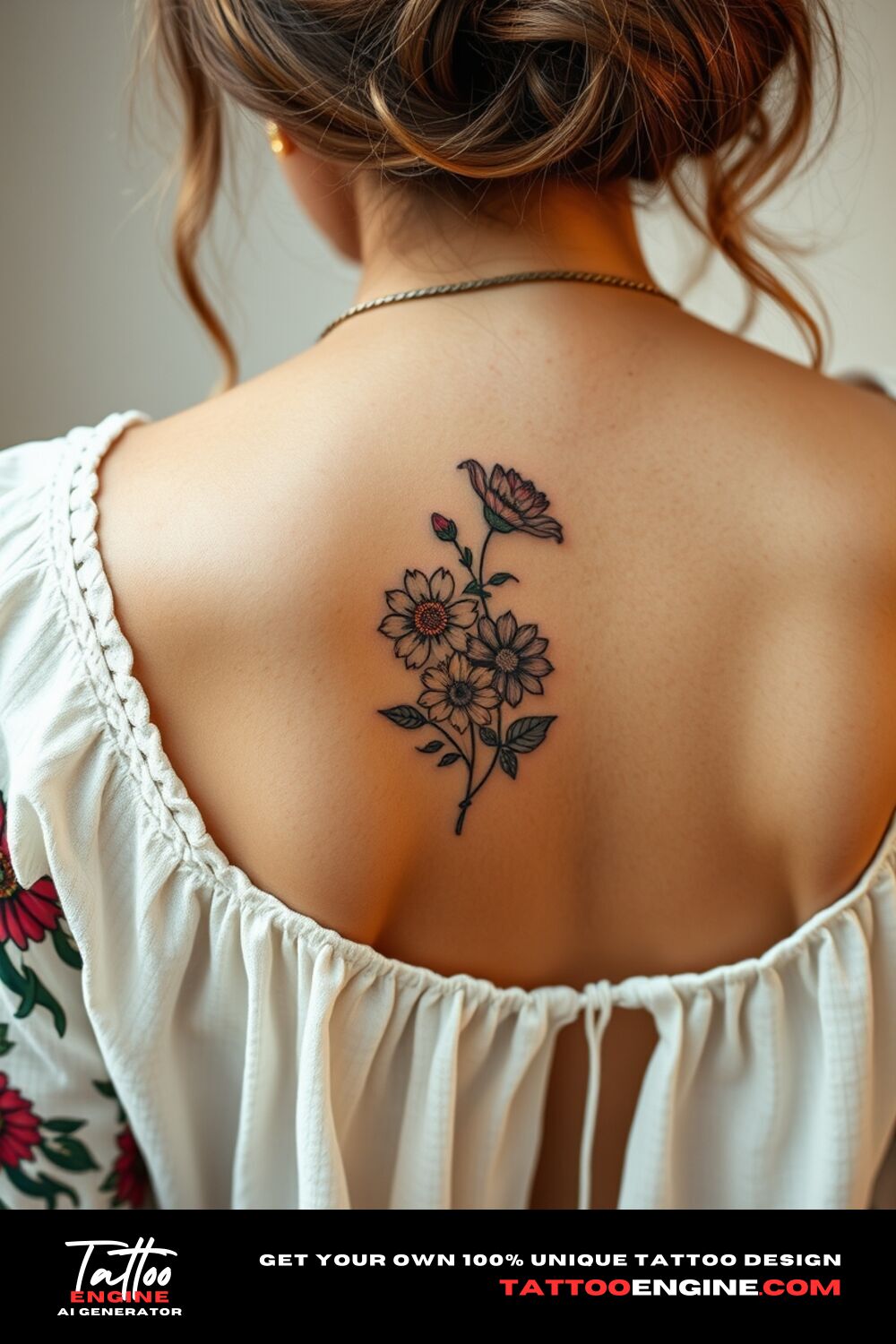 Small bohemian floral tattoo, on back of a woman with a bohemian dress, back view, high quality, detailed