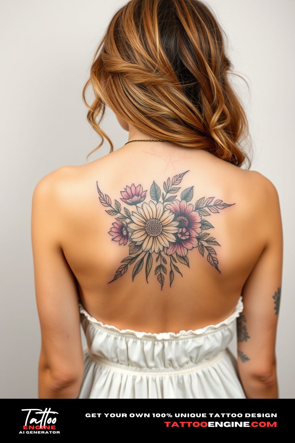 Small bohemian floral tattoo, on back of a woman with a bohemian dress, back view, high quality, detailed