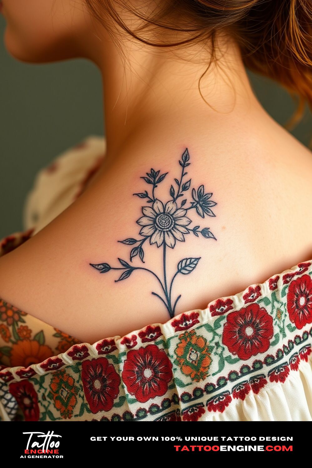 Small bohemian floral tattoo, on neck of a woman with a bohemian dress, side view, high quality, detailed