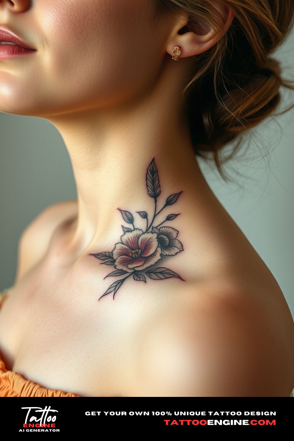 Small bohemian floral tattoo, on neck of a woman with a bohemian dress, side view, high quality, detailed