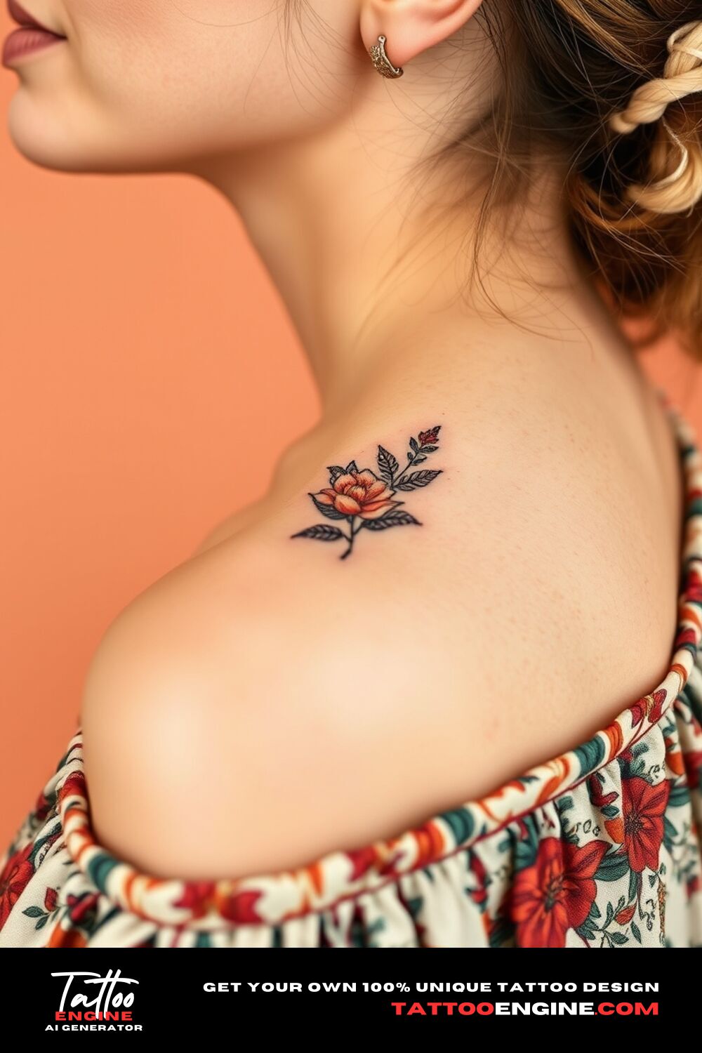 Small bohemian floral tattoo, on neck of a woman with a bohemian dress, side view, high quality, detailed