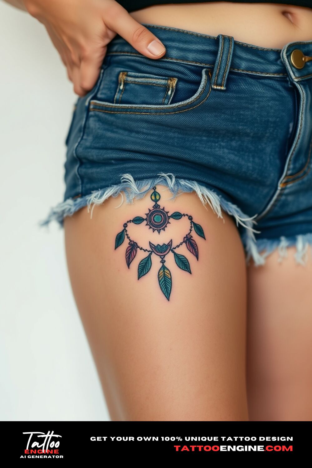 Small bohemian tattoo, on thigh of a woman with a jean short, front view, high quality, detailed