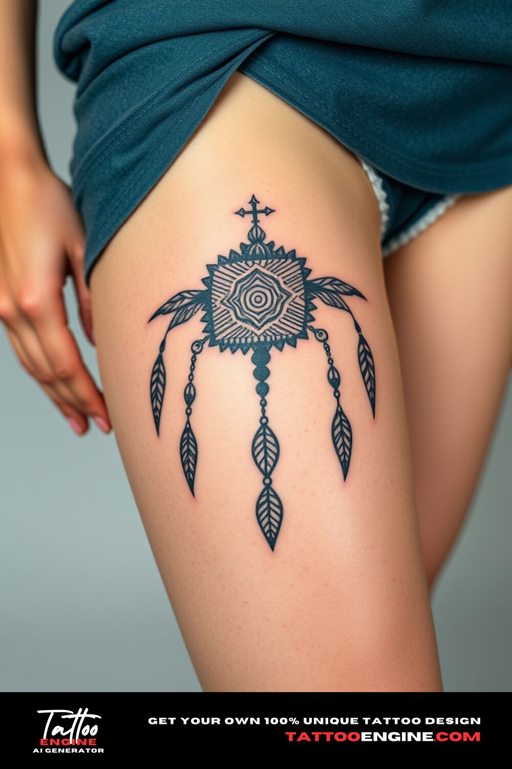 Small bohemian tattoo, on thigh of a woman with a short, front view, high quality, detailed