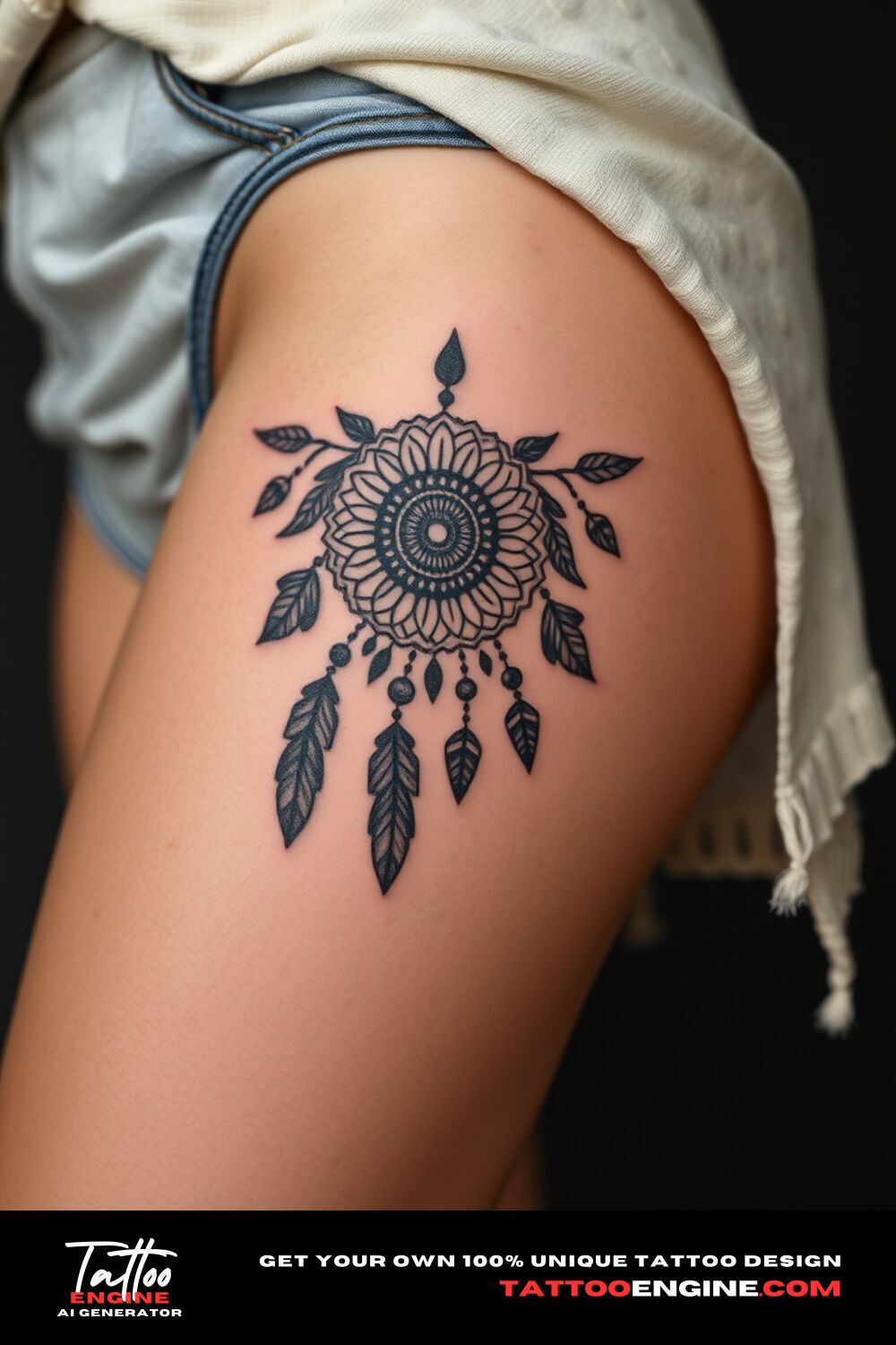 Small bohemian tattoo, on thigh of a woman with a short, front view, high quality, detailed