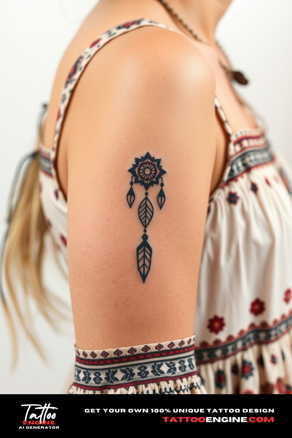 Small bohemian tattoo, on upper arm of a woman with a bohemian dress, side view, high quality, detailed