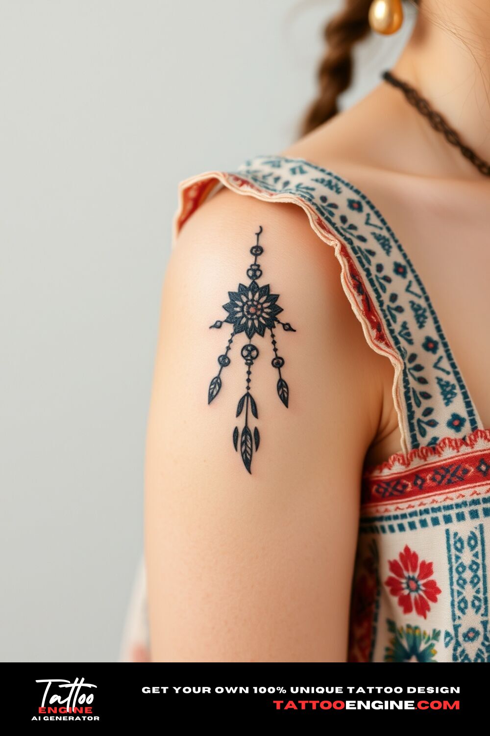 Small bohemian tattoo, on upper arm of a woman with a bohemian dress, side view, high quality, detailed