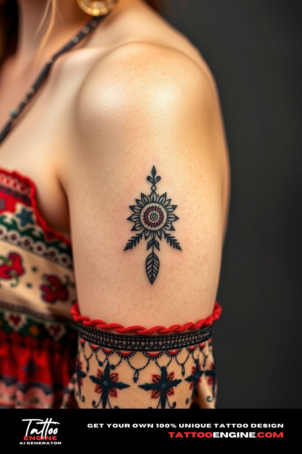 Small bohemian tattoo, on upper arm of a woman with a bohemian dress, side view, high quality, detailed