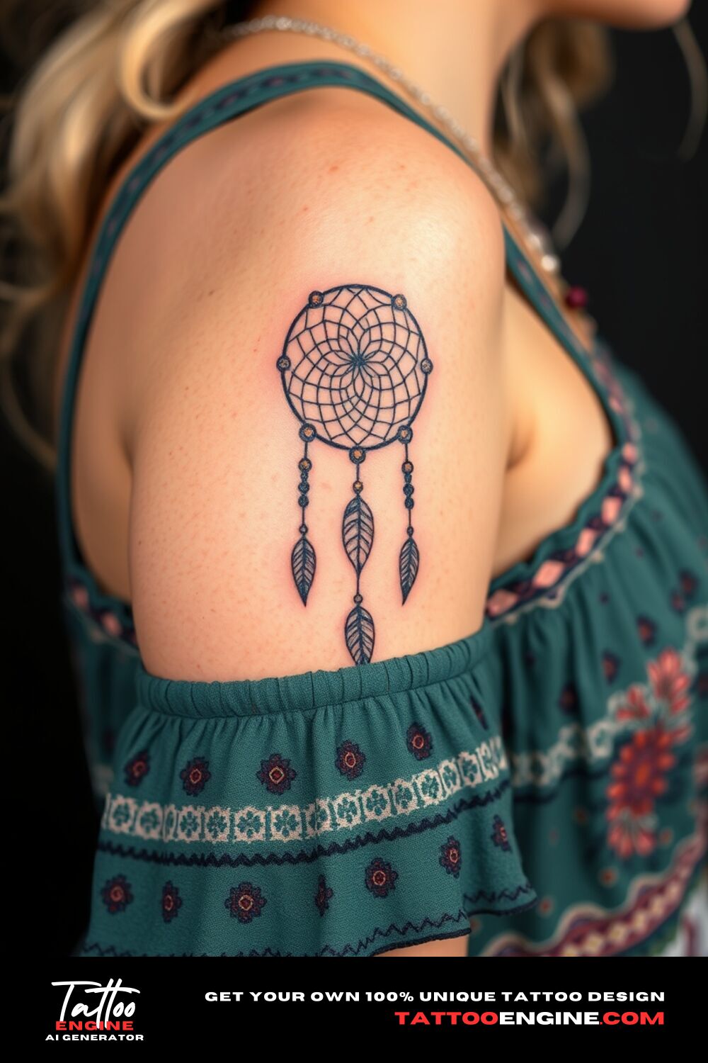 Small boho Dreamcatcher tattoo, on upper arm of a woman with a bohemian dress, side view, high quality, detailed