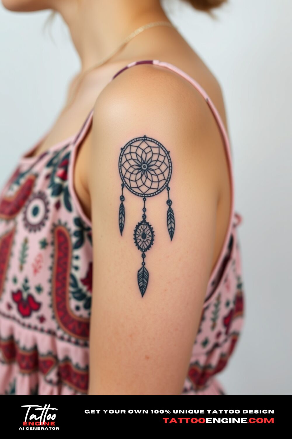 Small boho Dreamcatcher tattoo, on upper arm of a woman with a bohemian dress, side view, high quality, detailed