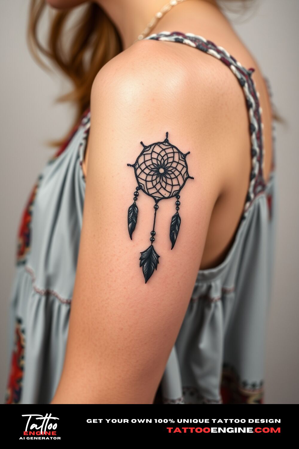 Small boho Dreamcatcher tattoo, on upper arm of a woman with a bohemian dress, side view, high quality, detailed