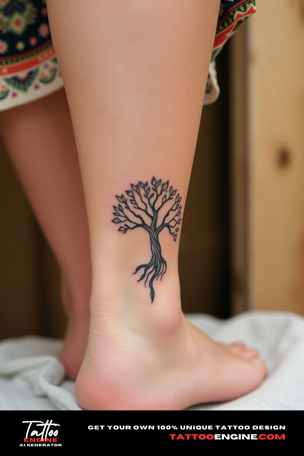 Small boho Tree of Life tattoo, on ankle of a woman with a bohemian dress, back view, high quality, detailed