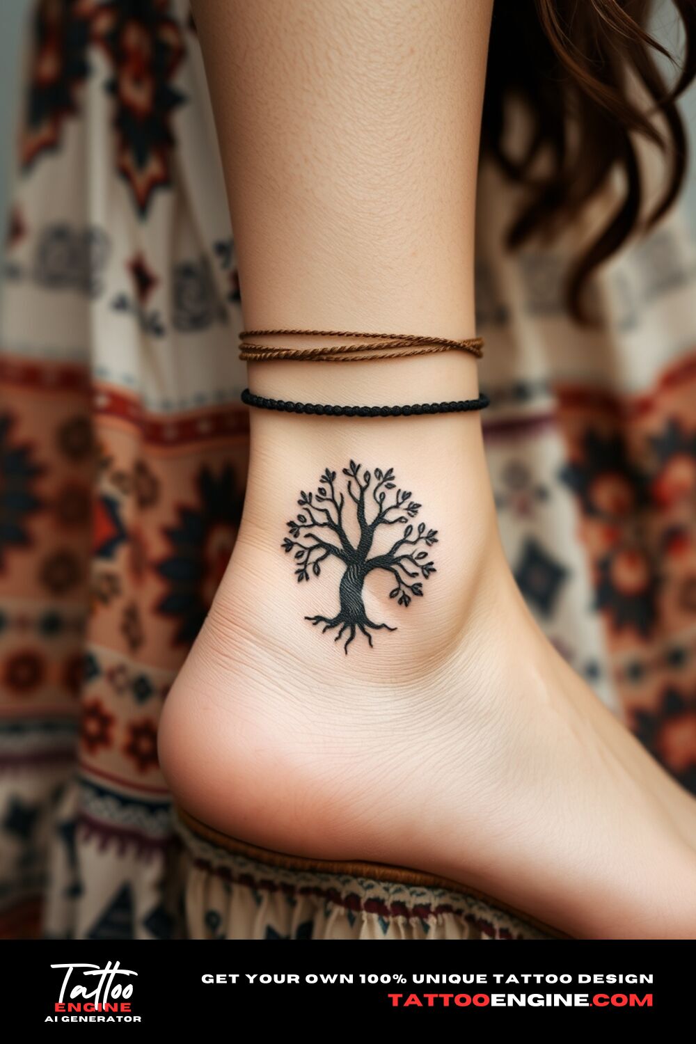 Small boho Tree of Life tattoo, on ankle of a woman with a bohemian dress, back view, high quality, detailed