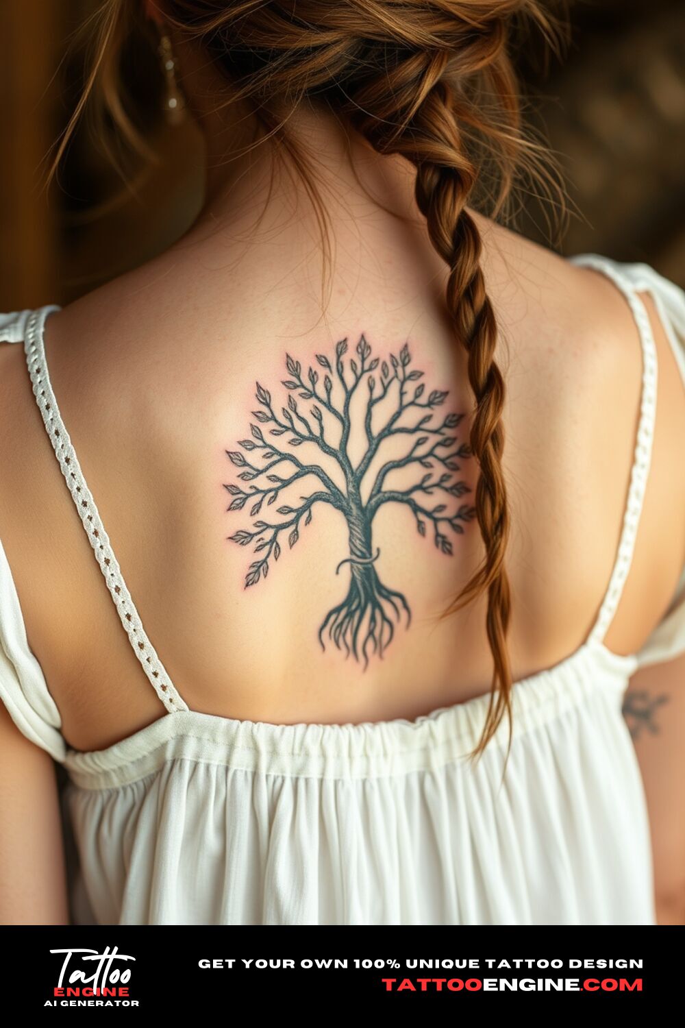 Small boho Tree of Life tattoo, on back of a woman with a bohemian dress, back view, high quality, detailed