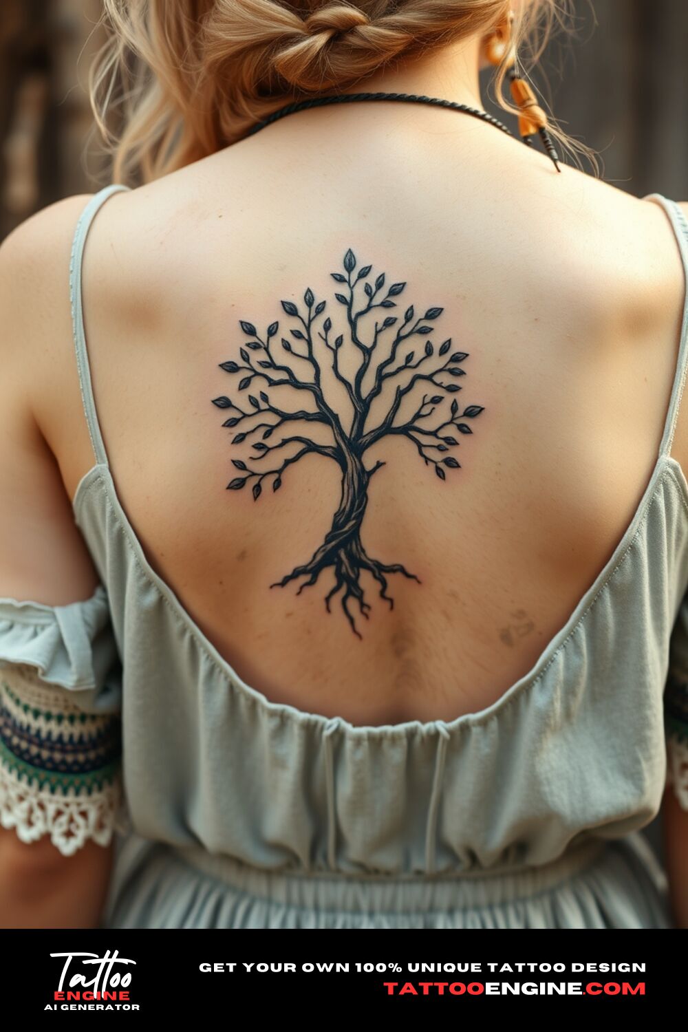 Small boho Tree of Life tattoo, on back of a woman with a bohemian dress, back view, high quality, detailed