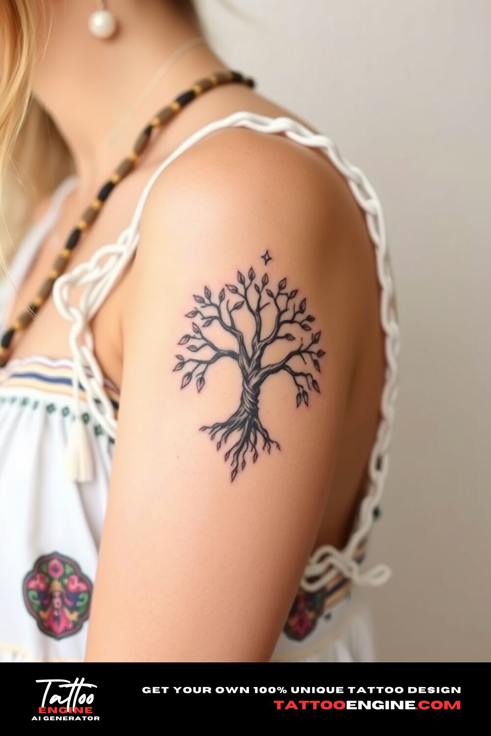 Small boho Tree of Life tattoo, on upper arm of a woman with a bohemian dress, side view, high quality, detailed