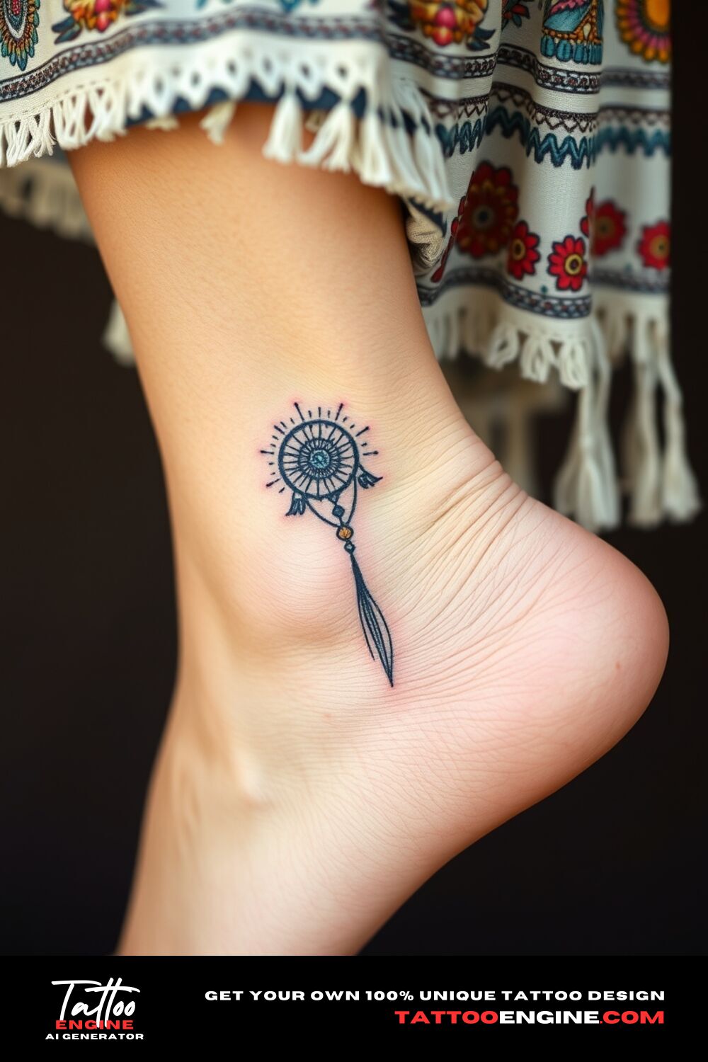 Small boho tattoo, on back ankle of a woman with a bohemian dress, back view, high quality, detailed