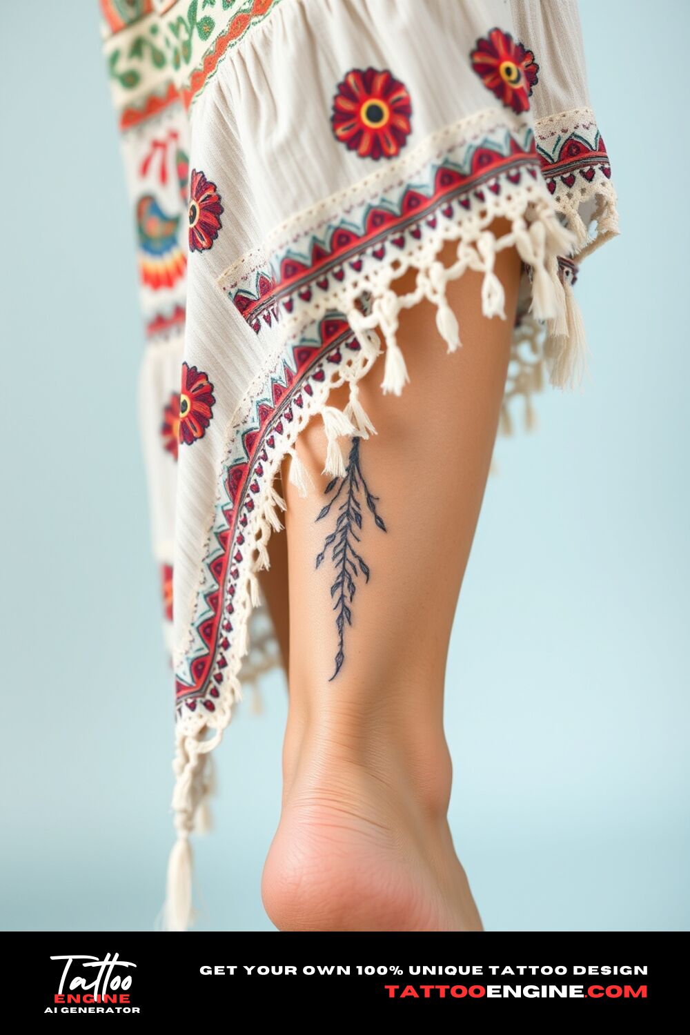 Small boho tattoo, on back ankle of a woman with a bohemian dress, back view, high quality, detailed