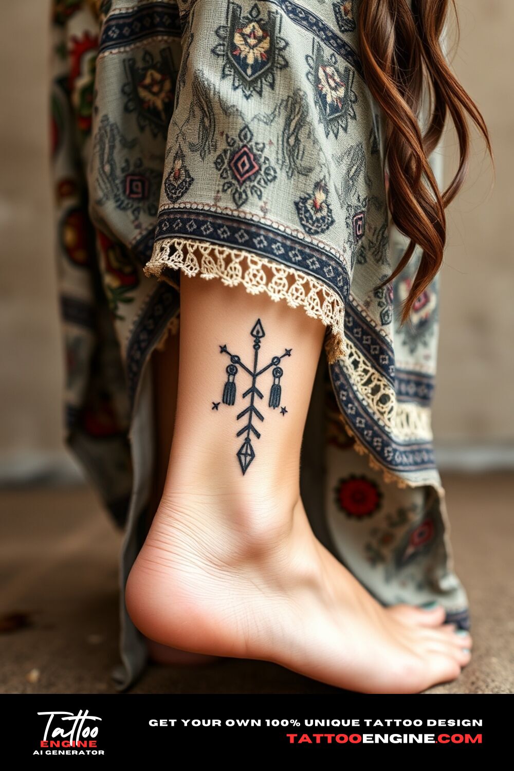 Small boho tattoo, on back ankle of a woman with a bohemian dress, back view, high quality, detailed