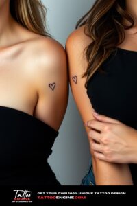 Small matching heart tattoo for two, on each arm of two women side by side, front view, studio light, high quality, detailed