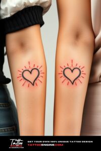 Small matching heart tattoo for two, on each arm of two women side by side, front view, studio light, high quality, detailed