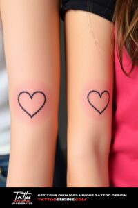 Small matching heart tattoo for two, on each arm of two women side by side, front view, studio light, high quality, detailed