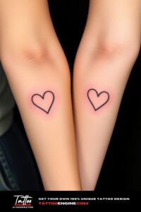 Small matching heart tattoo, on each arm of two women side by side, front view, studio light, high quality, detailed