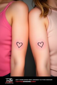 Small matching heart tattoo, on each arm of two women side by side, front view, studio light, high quality, detailed