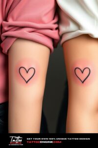 Small matching heart tattoo, on each arm of two women side by side, front view, studio light, high quality, detailed