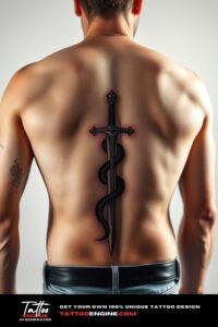 Small snake sword tattoo, filling all back of a man, back view, wearing jeans, studio light, high quality, detailed