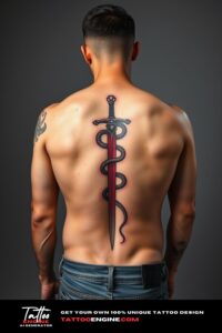 Small snake sword tattoo, filling all back of a man, back view, wearing jeans, studio light, high quality, detailed