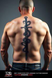 Small snake sword tattoo, filling all back of a man, back view, wearing jeans, studio light, high quality, detailed