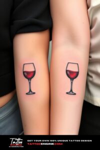 Small wine glass tattoo, on each arm of two women side by side, front view, studio light, high quality, detailed