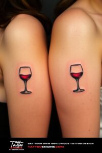 Small wine glass tattoo, on each arm of two women side by side, front view, studio light, high quality, detailed