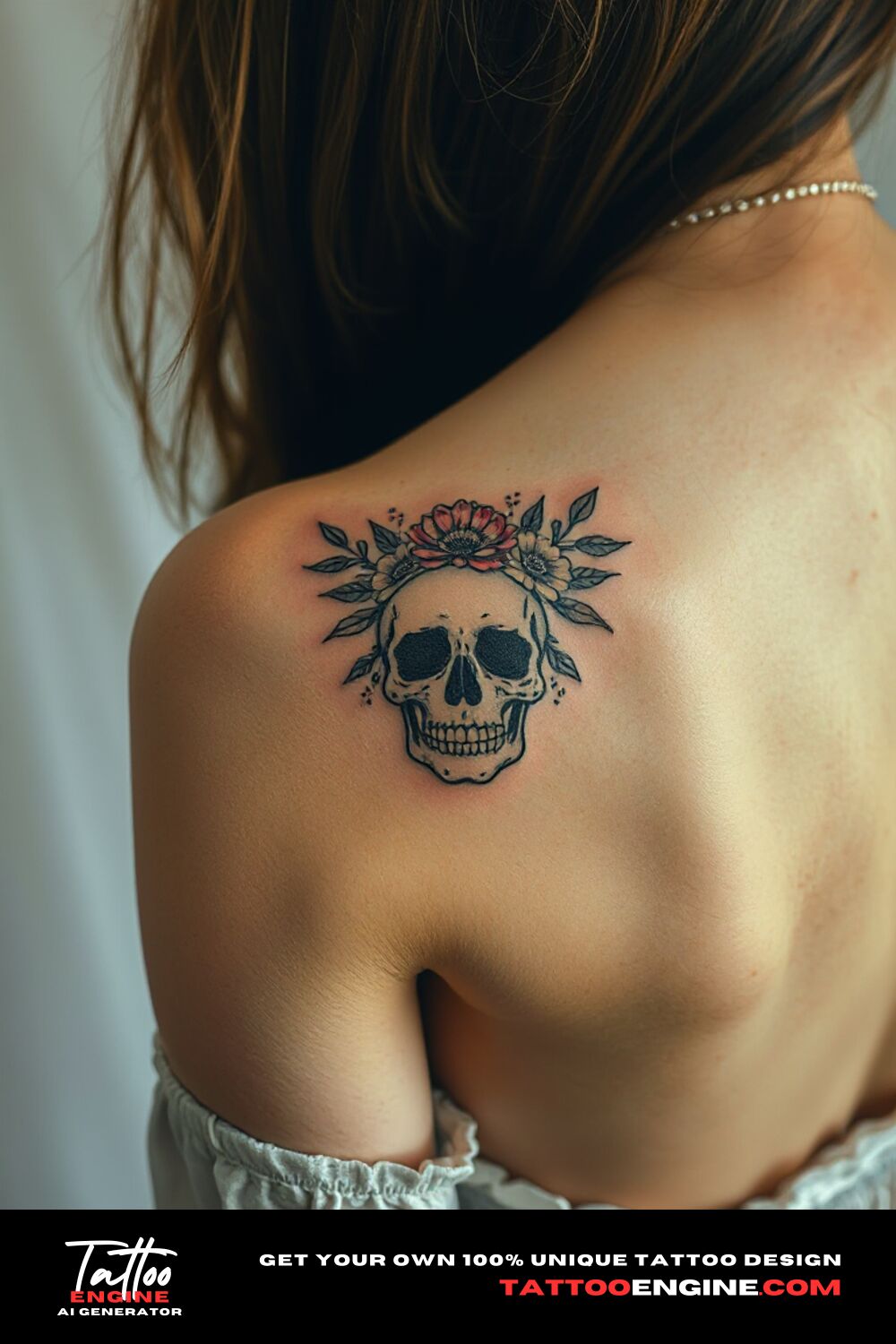 Small floral skull tattoo, on back of a woman shoulder with a dress, back view, high quality, detailed