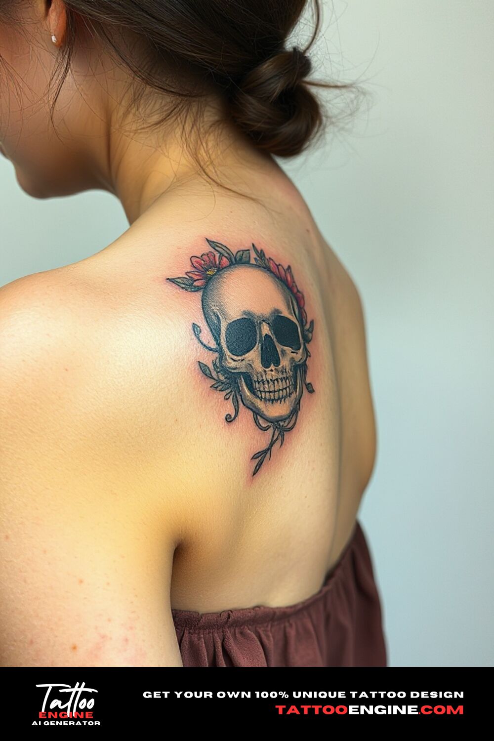 Small floral skull tattoo, on back of a woman shoulder with a dress, back view, high quality, detailed