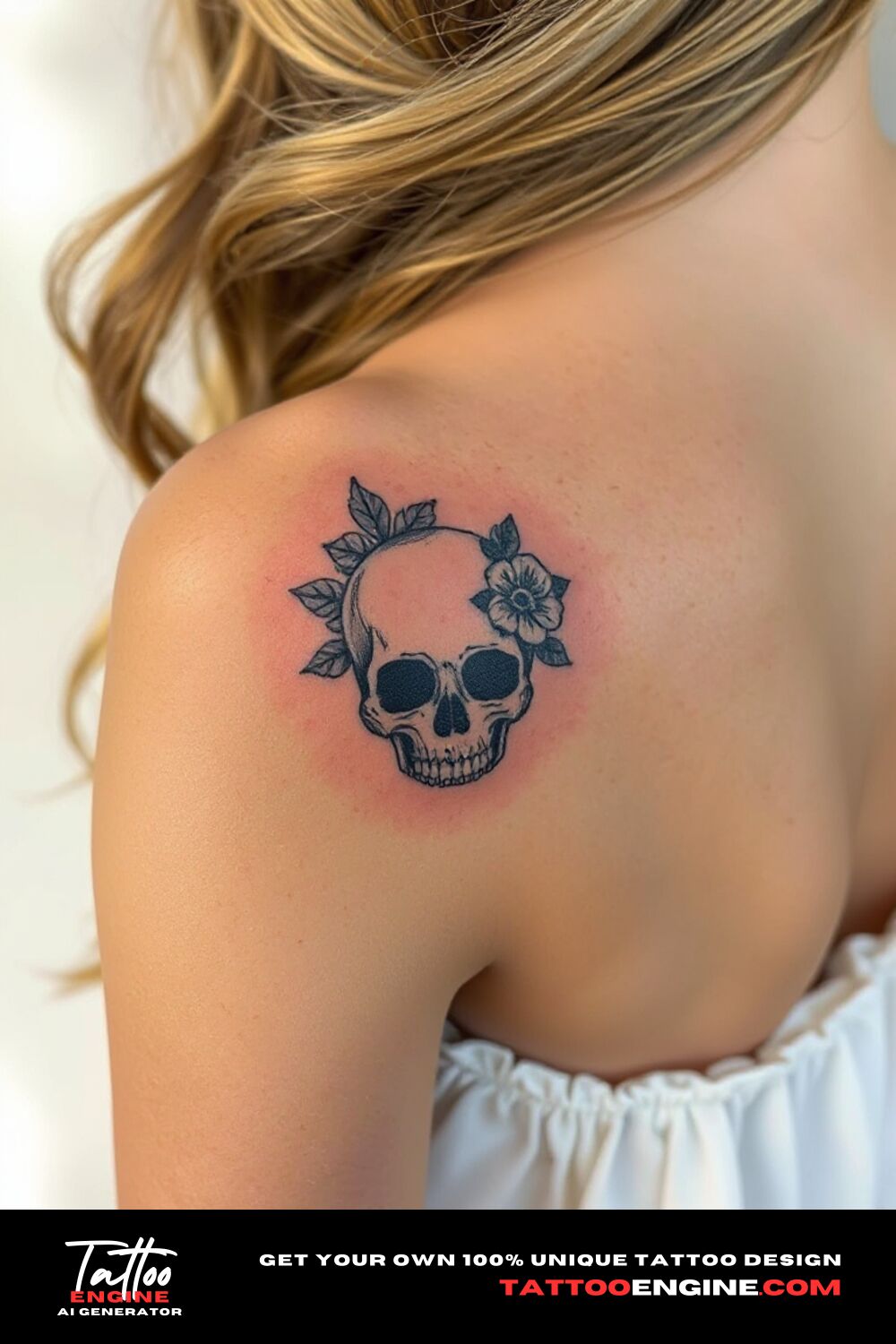 Small floral skull tattoo, on back of a woman shoulder with a dress, back view, high quality, detailed