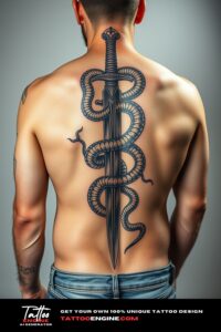 Snake sword tattoo, filling all back of a man, back view, wearing jeans, studio light, high quality, detailed