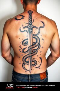 Snake sword tattoo, filling all back of a man, back view, wearing jeans, studio light, high quality, detailed