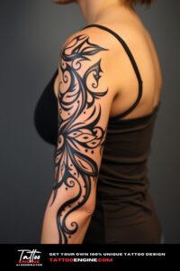 Tribal half sleeve tattoo, forearm of a woman, wearing tank top, side view, high quality, detailed