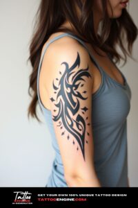 Tribal half sleeve tattoo, forearm of a woman, wearing tank top, side view, high quality, detailed