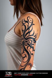 Tribal half sleeve tattoo, forearm of a woman, wearing tank top, side view, high quality, detailed