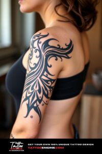 Tribal half sleeve tattoo, forearm of a woman, wearing tank top, side view, high quality, detailed