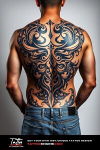 Tribal tattoo, filling all back of a man, back view, wearing jeans, studio light, high quality, detailed