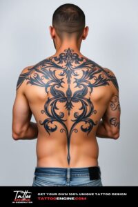 Tribal tattoo, filling all back of a man, back view, wearing jeans, studio light, high quality, detailed