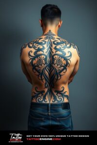 Tribal tattoo, filling all back of a man, back view, wearing jeans, studio light, high quality, detailed