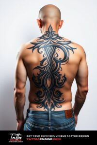 Tribal tattoo, filling all back of a man, back view, wearing jeans, studio light, high quality, detailed